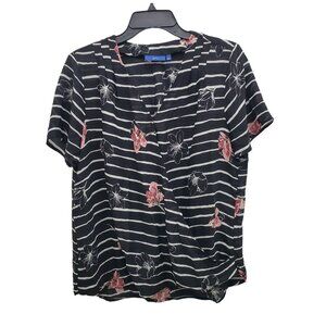 Apt. 9 Women's Black White Stripe Floral Short‎ Sleeve Pleated Wrap Top Size L